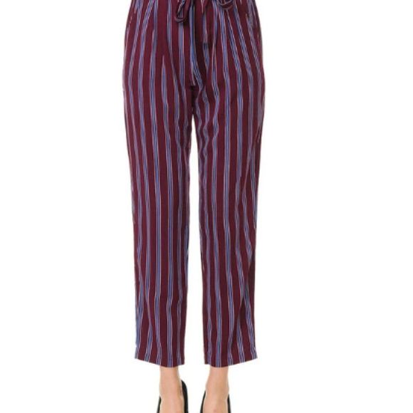 Vertical Stripe Paper-bag Waist Bottom - Paper Bag Waist - High Waist - Picture 3 of 3